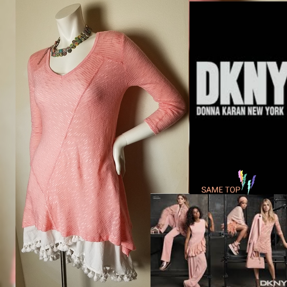 DKNY Designer Lightweight Knit Top Patchwork Seams Oversized Med Peach Blush